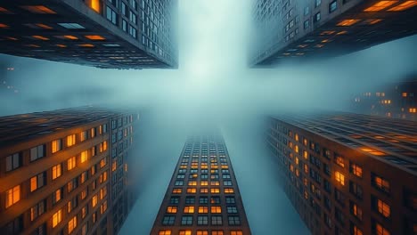 buildings surrounded by fog in the city. tall buildings rise into the thick fog, their illuminated windows glowing against the gray surroundings.