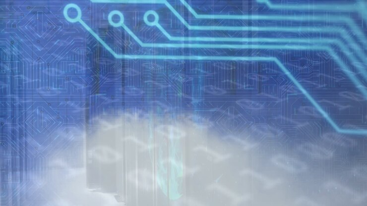 Animation of network of connections and binary coding over server room