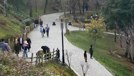 park scene with people walking