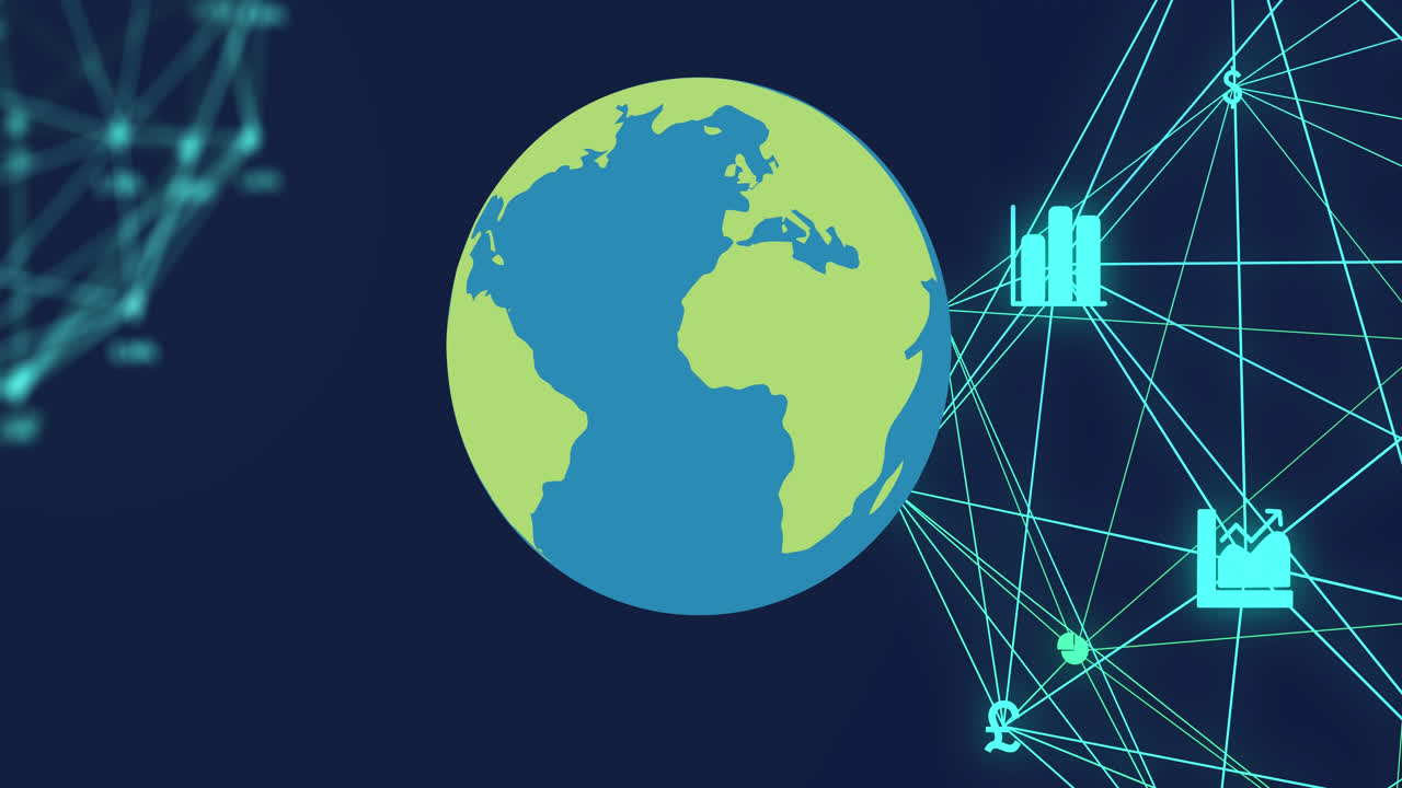 푸른 배경에 미디어 아이콘과 지구의 애니메이션