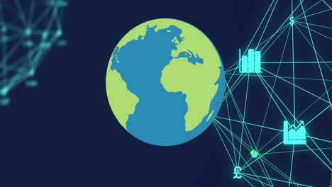 Animation-Von-Mediensymbolen-Und-Globus-Auf-Blauem-Hintergrund