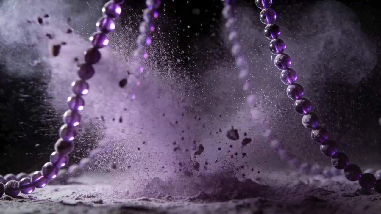 Due fili di perline viola che oscillano con una spinta, sollevando polvere viola che si disperde nello studio.