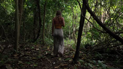 traveler woman walking through the tropical rain jungle forest