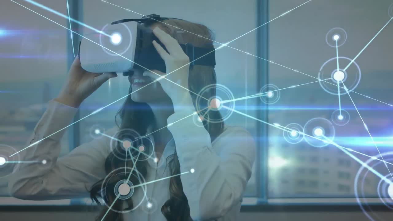 Woman taping in the air while wearing a virtual reality headset