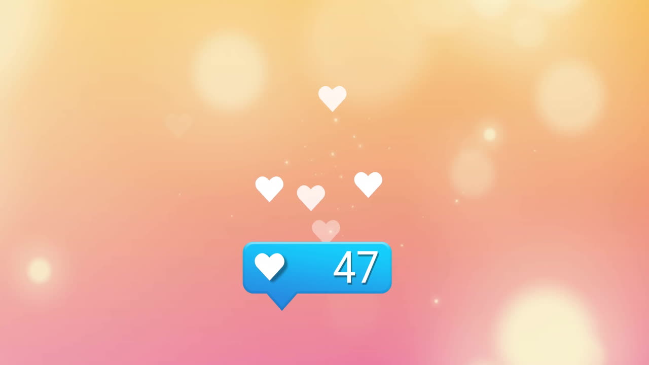 Animation of social media icon with growing number over hearts and light spots on orange background