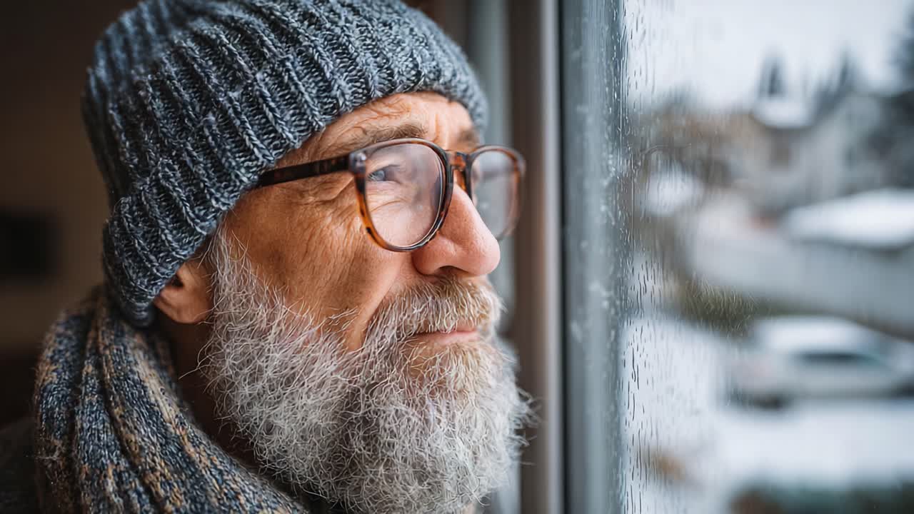 Contemplative Elderly Man Watching Rain Fall from Inside the House, Capturing Emotions of Reflection and Nostalgia on a Wet, Gloomy Day