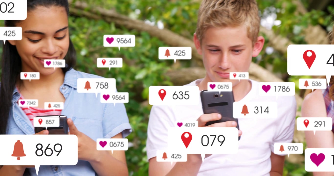 Teenagere på parkbænk tjekker telefoner for opdateringer og nye notifikationer, mens sociale badges dukker op omkring dem.