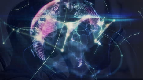 animation of plexus networks forming a globe against caucasian man talking on smartphone