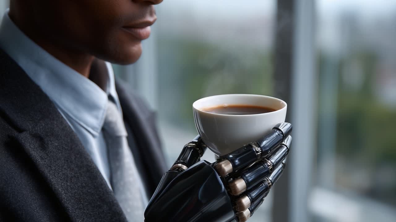 Una rappresentazione futuristica di una persona che tiene una tazza di caffè fumante con una sofisticata mano robotica, a simboleggiare la fusione di tecnologia e vita quotidiana.