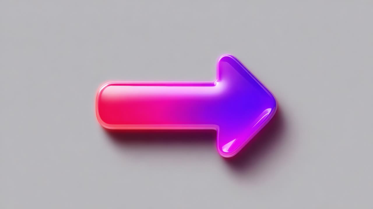 Vibrant Right Arrow Graphic Design Showcasing a Glossy, Two-Tone Color Scheme Featuring a Fusion of Purple and Pink Tones, Against a Simple Gray Background for Emphasis