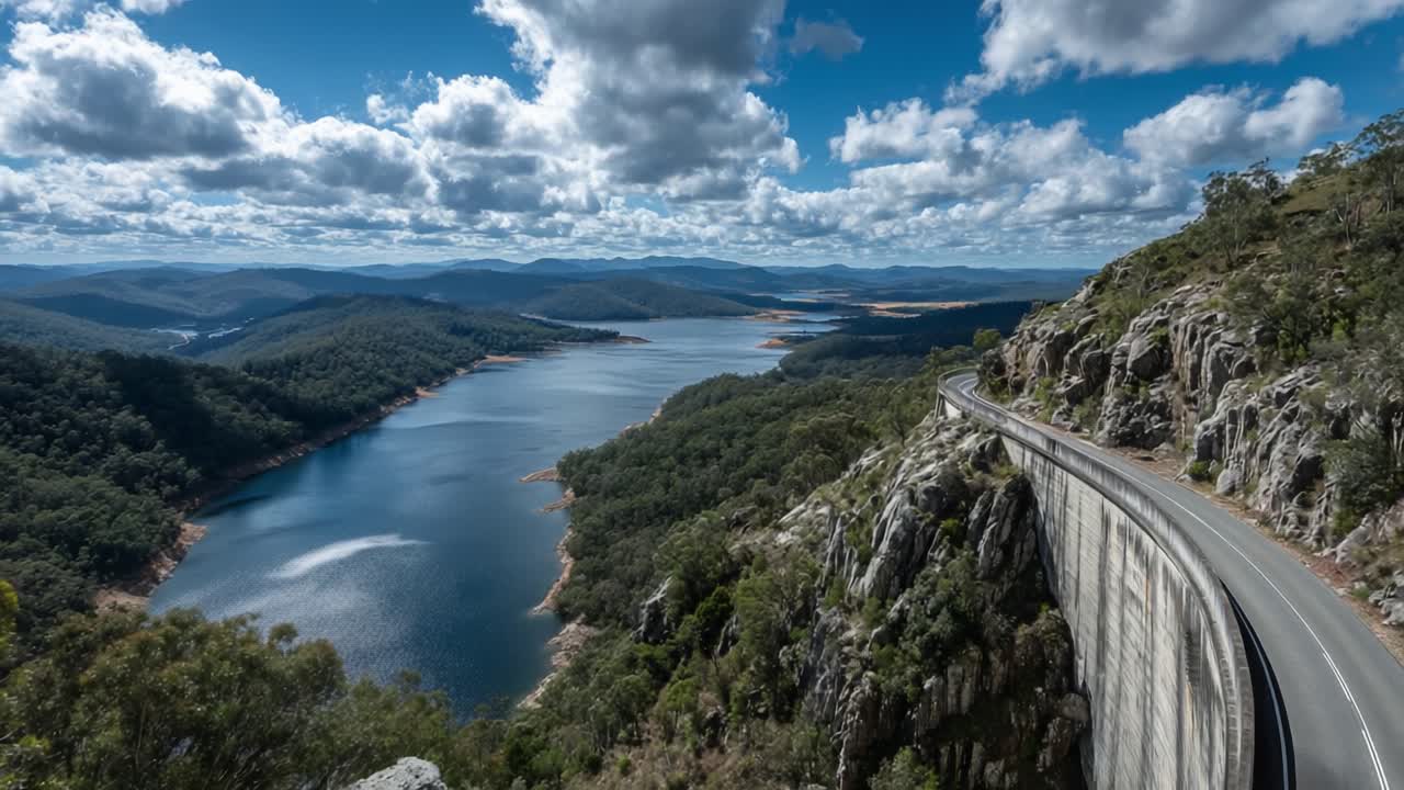 A Scenic Overview of a Winding Road Along a Serene Lake Surrounded by Lush Mountains and a Dramatic Sky, Capturing Nature's Beauty and Tranquility