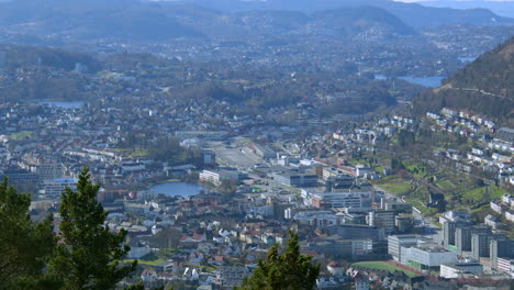 wide shot of bergen looking south with trees in foreground. filmed from fløyen panorama