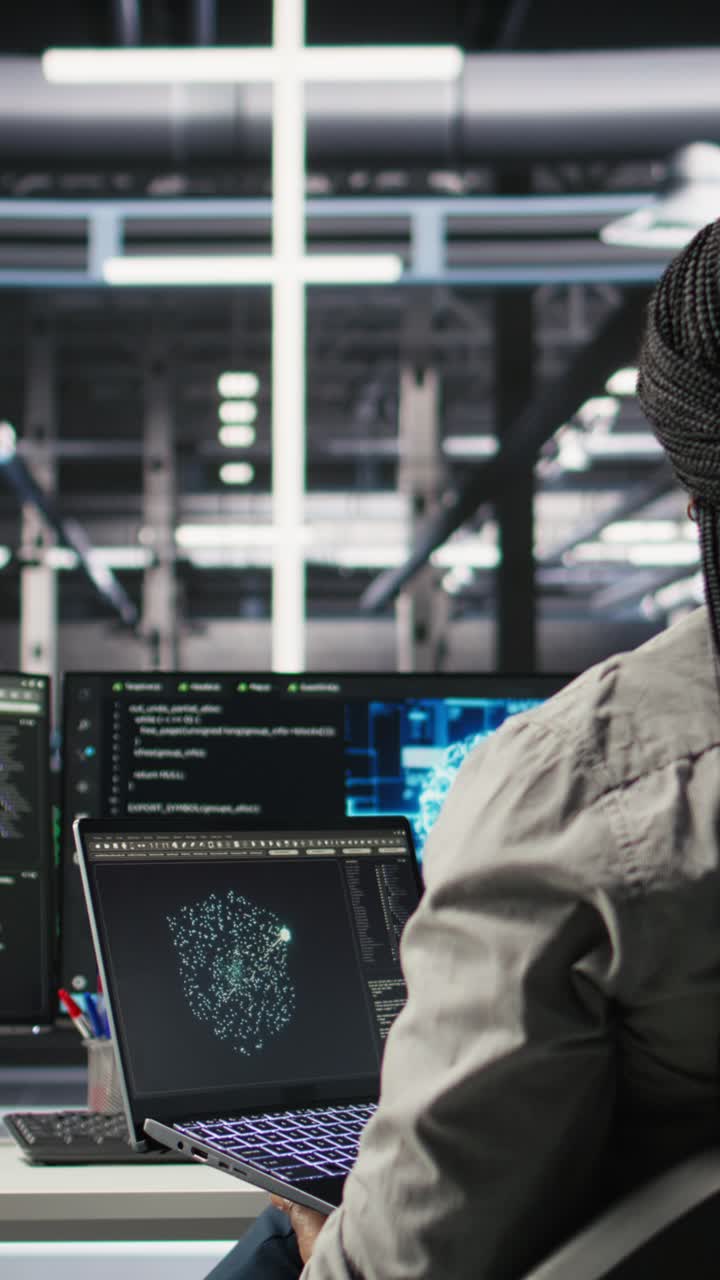 Vertical Video Server Room It Expert Using Laptop To Apply Artificial Intelligence Technology