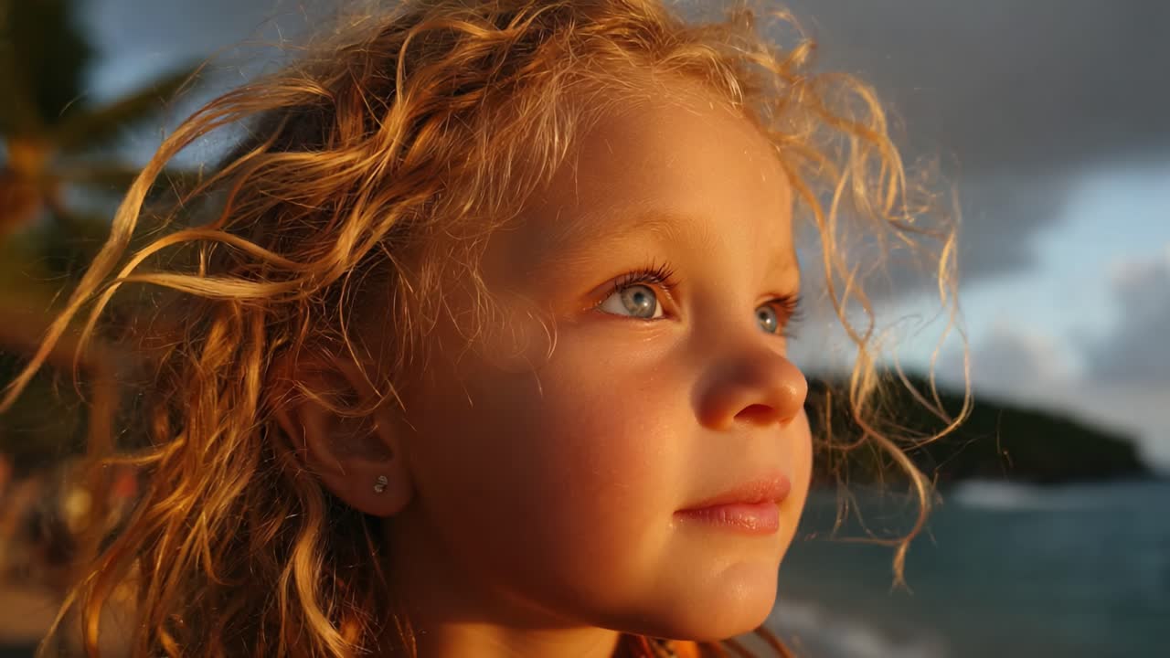 A Close-Up Portrait of a Young Child Gazing Thoughtfully at the Ocean During Golden Hour, Capturing the Beauty of Childhood and Nature's Serenity