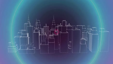 animation of neon circles over metaverse city on violet background