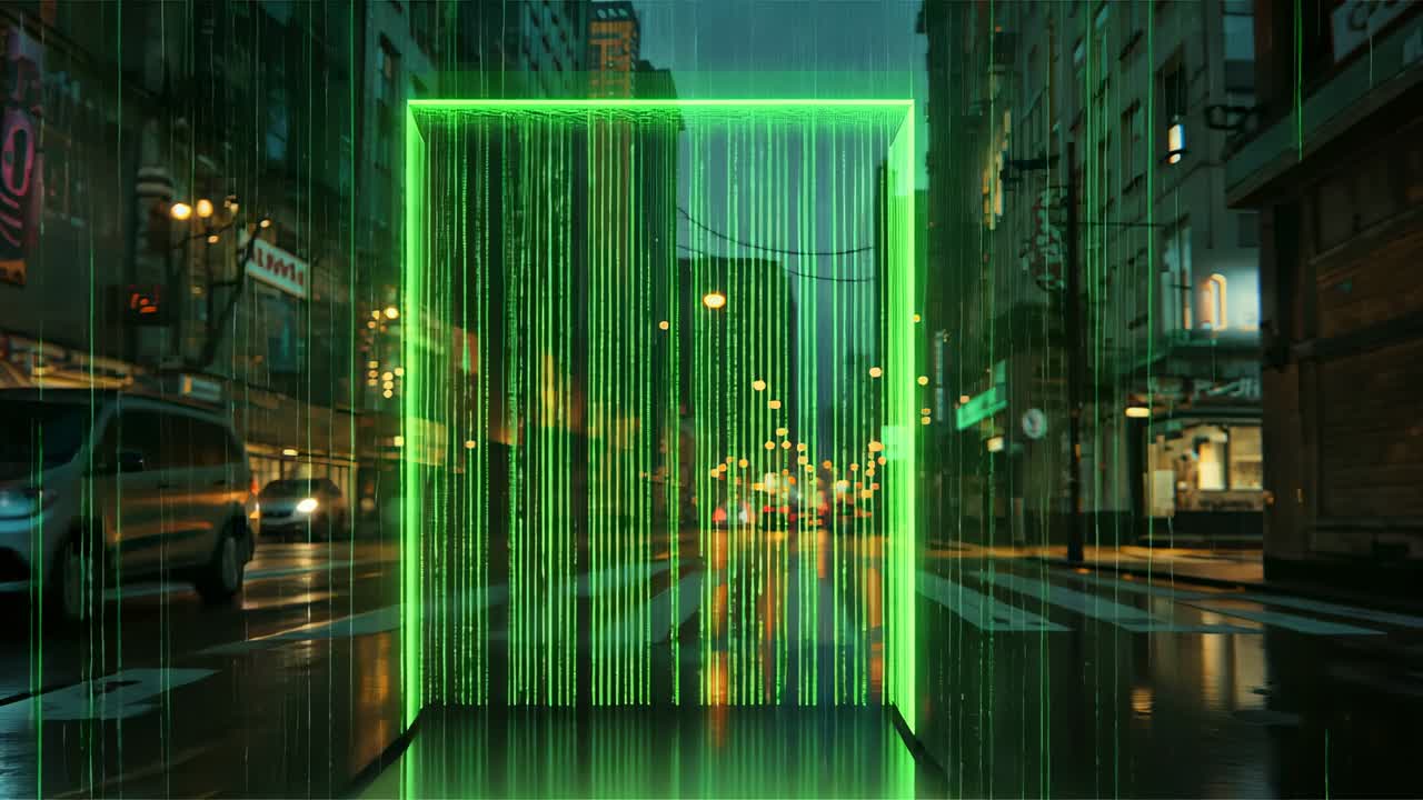 Emerging neon green wireframe cube forming digital portal on wet city street, pouring mirrored code