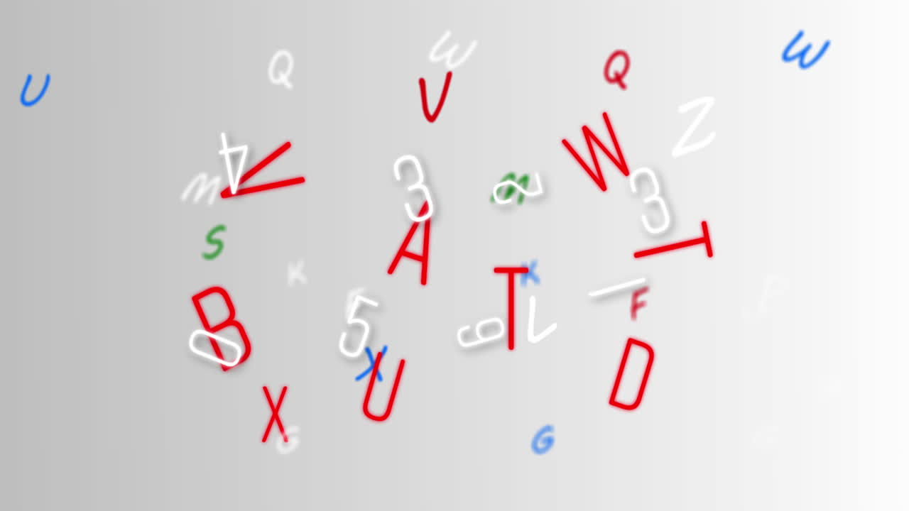 Digital animation of changing numbers and alphabets moving against white background