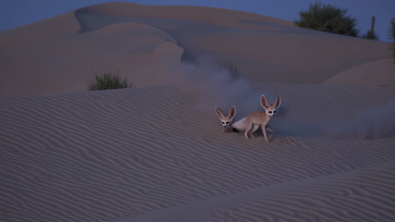 Fennec Foxes in the Desert Dunes at Dusk