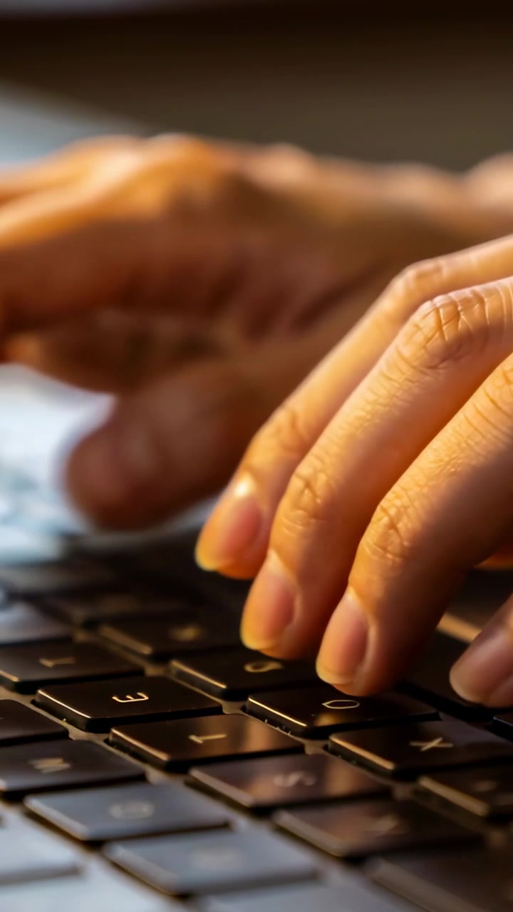 Verticale video: Typende volwassen handen racen om een deadline te halen op laptoptoetsen aan een bureau, scherp drukkend.