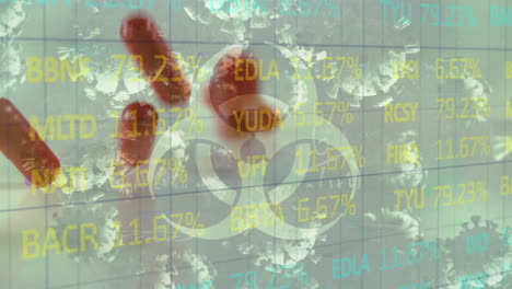 animation of floating macro covid-19 cells and biohazard symbol over falling pills