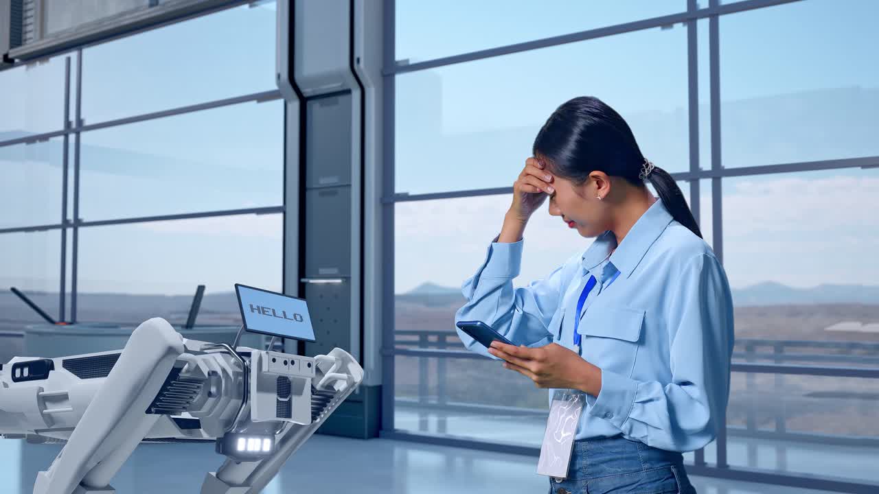Side View Of An Asian Female Professional Worker Standing With Her Smartphone In High Tech Factory, Robot Dog, Checking With Dissapionted And Nodding Her Shead