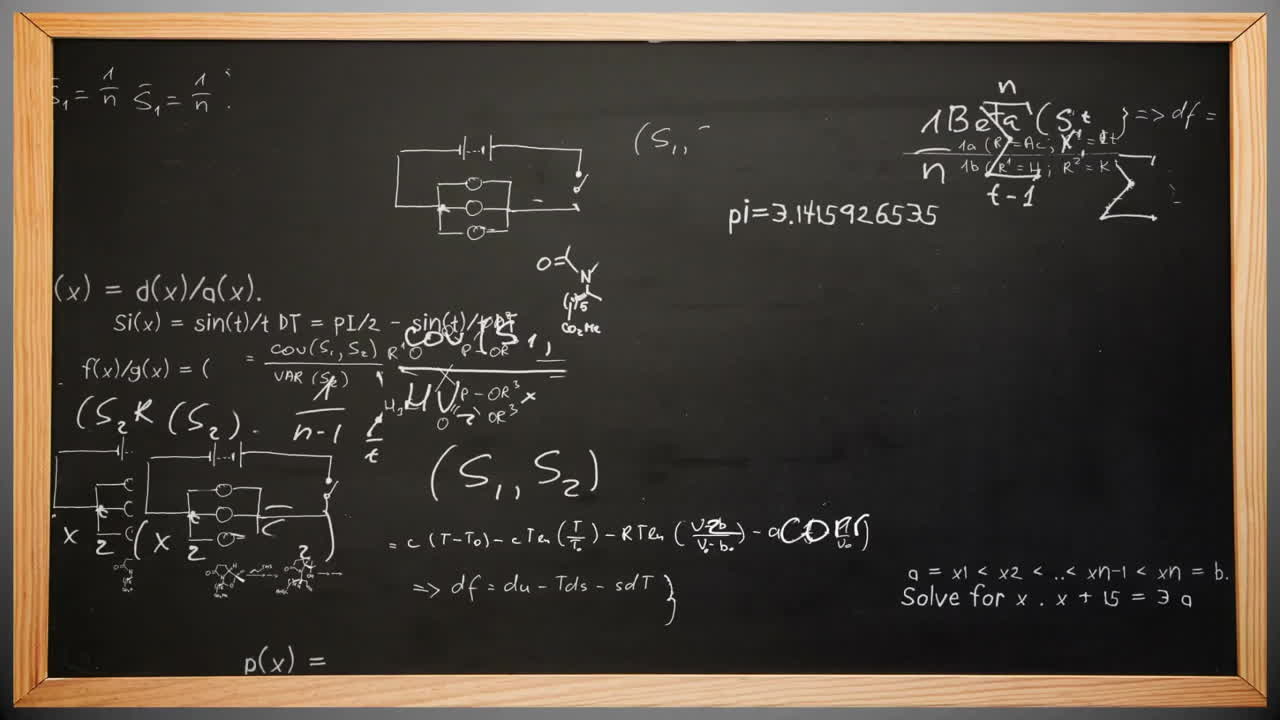 ecuaciones matemáticas y diagramas de circuitos animación sobre pizarra con fórmulas complejas