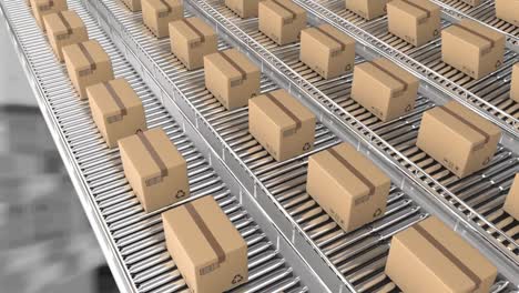 animation of cardboard boxes moving on conveyor belts over warehouse