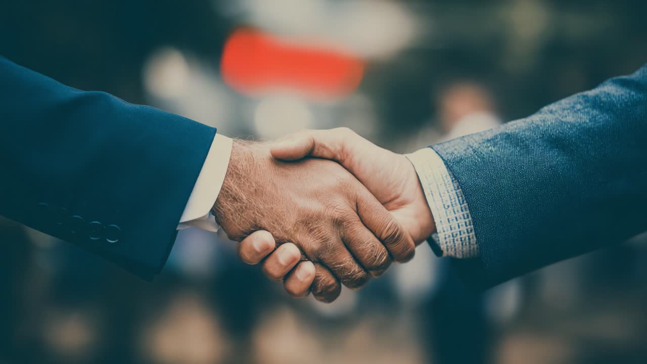 A Close-Up of Two Individuals Engaging in a Firm Handshake, Symbolizing Agreement and Mutual Respect in a Professional Setting, with a Soft Focus Background