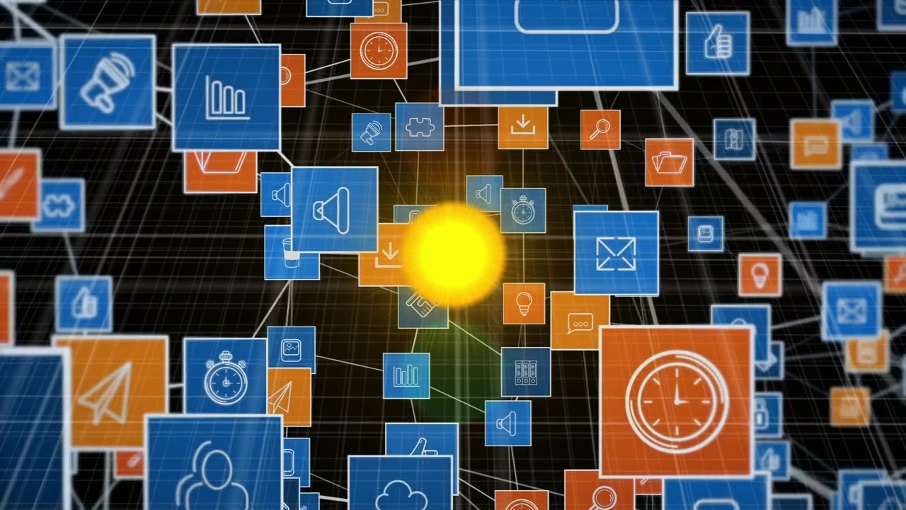 Animation of network of connections with icons over grid and dark background