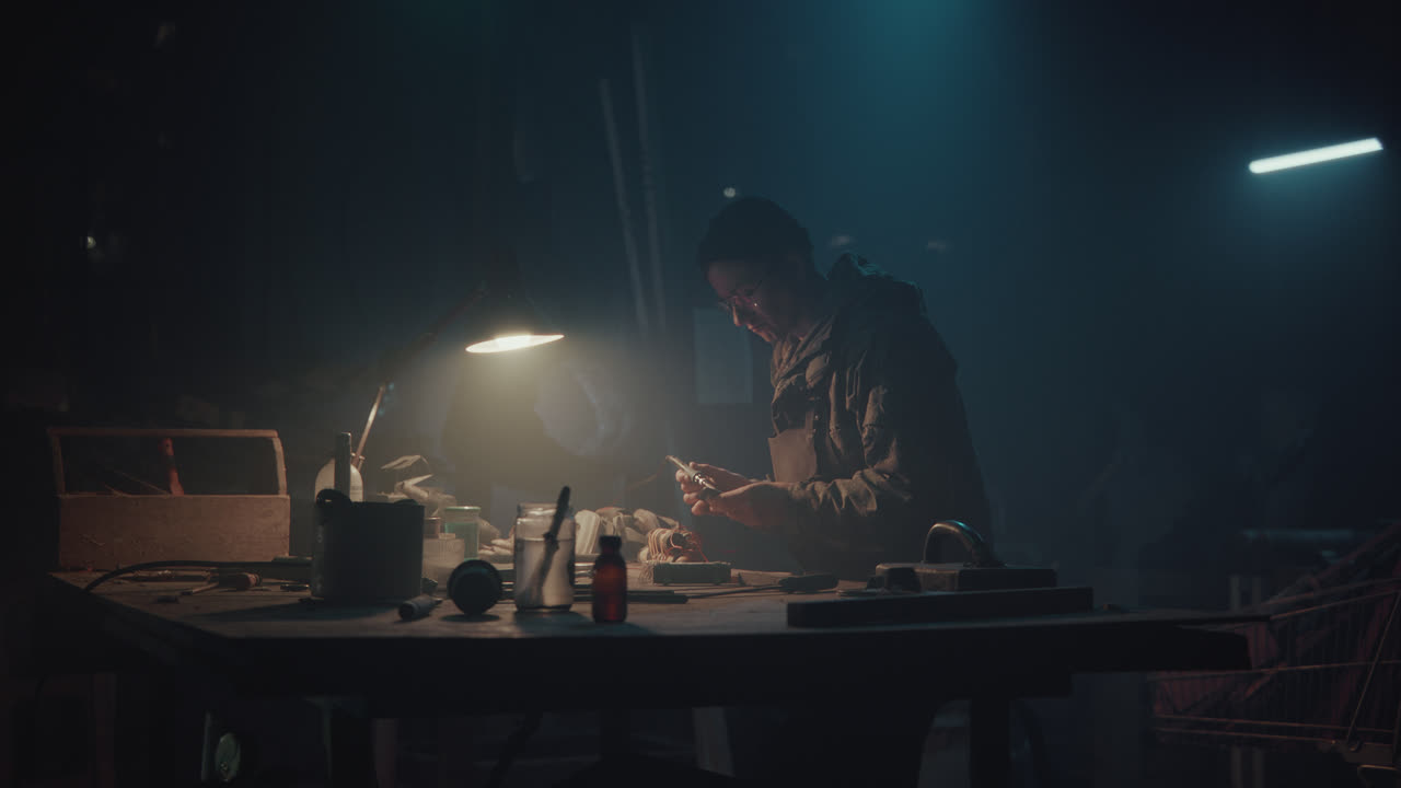 Un fabbricante di bombe assembla una bomba nel suo laboratorio di notte