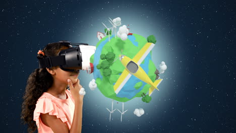 Girl using virtual reality headset with digitally generated travel icons 4k