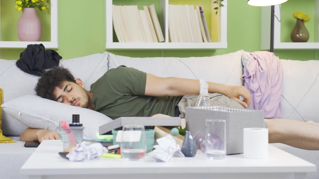 un joven somnoliento desordenado y sucio en casa.