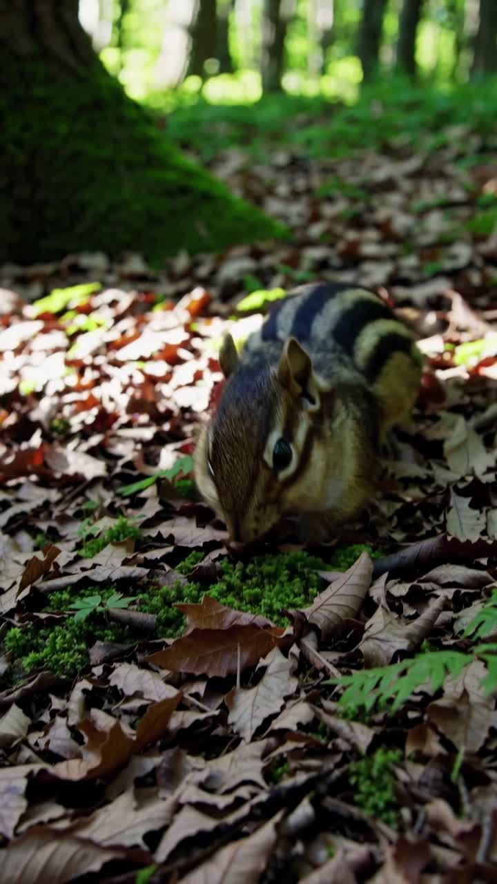 Close-up video of a chipmunk eating on a forest floor, captured from a low angle