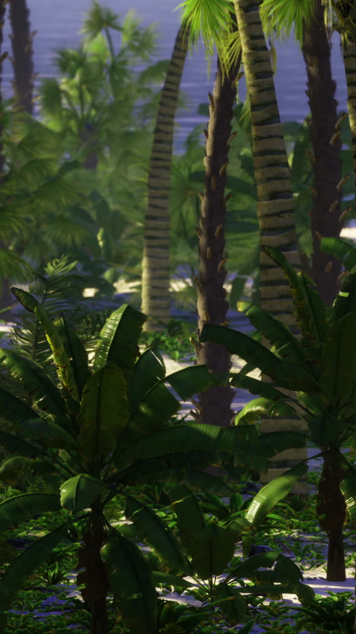 Lush tropical oasis flourishing under soft morning light in a serene landscape