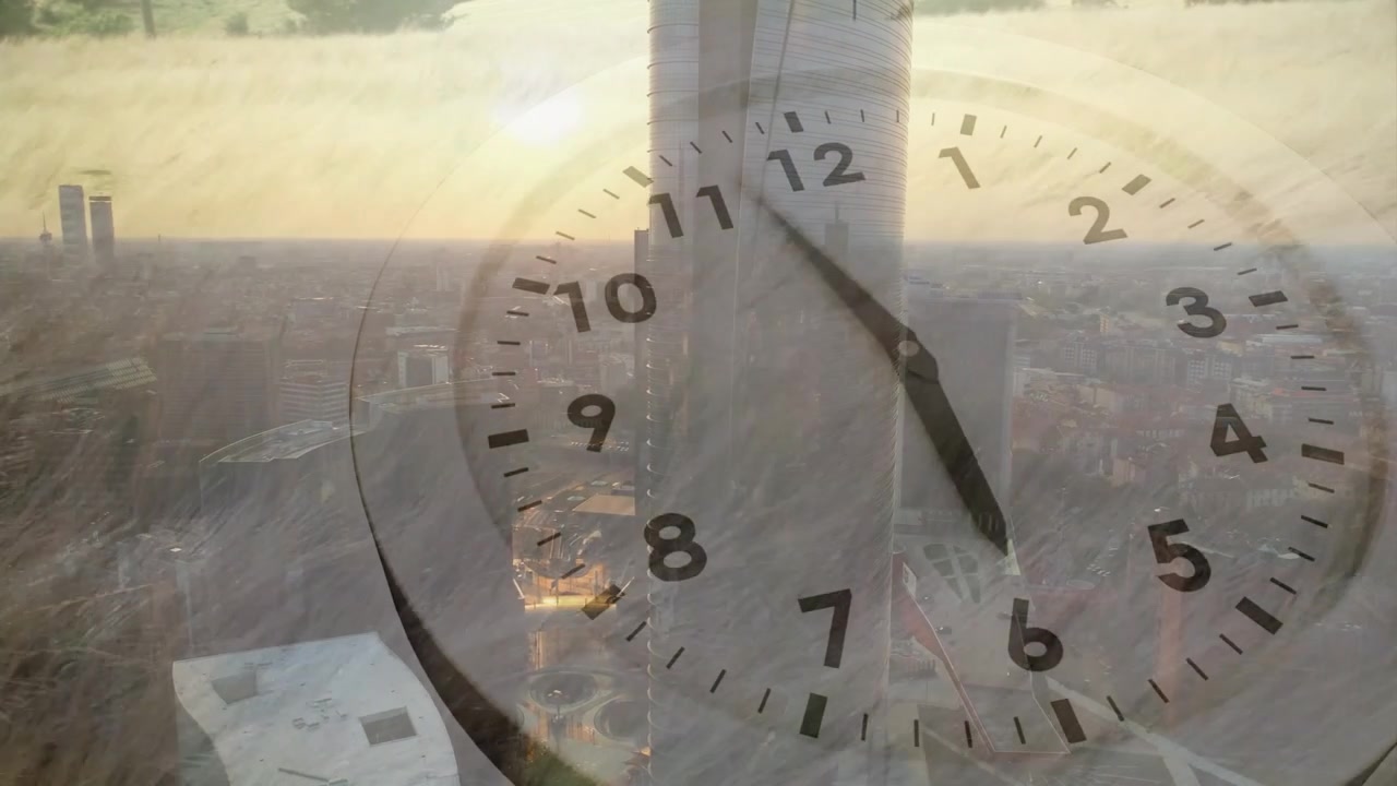 Translucent clock appearing over skyline, clock hands moving clockwise, indicating passing time