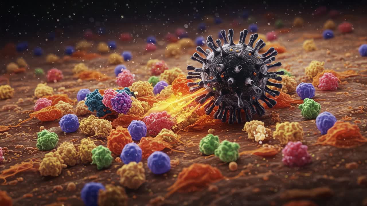Microscopic View of a Virus Interacting with Colorful Immune Cells in an Intricate Biological Environment, Highlighting the Dynamic Battle at the Cellular Level