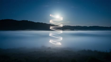 A Mysterious Spiral of Light Illuminates the Night Sky Over a Foggy Landscape Under the Moon, Creating an Enigmatic Dance of Radiance and Serenity