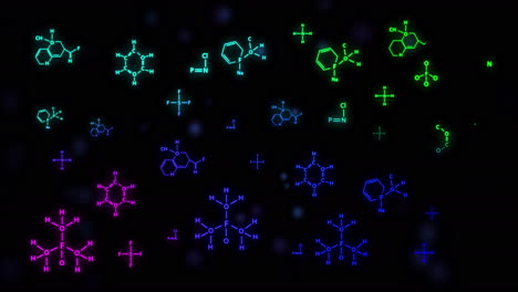 animation of chemical formula over black background