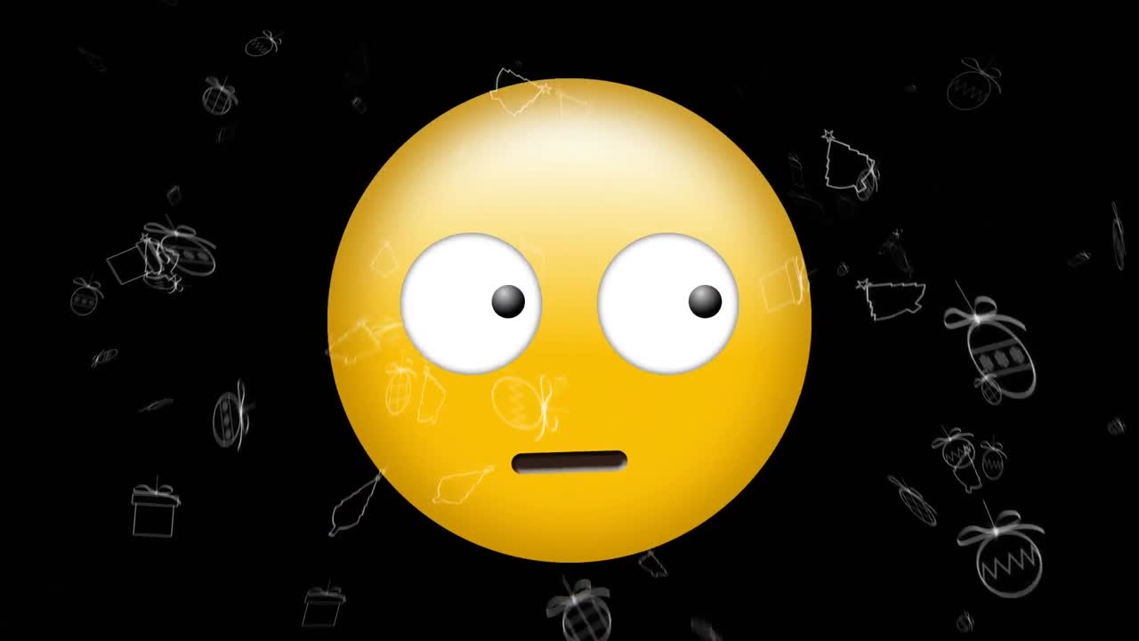 Animation of scared emoji icon on black back ground with falling trees