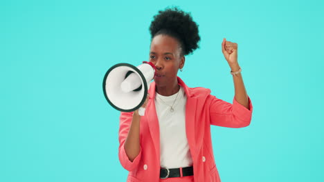 megaphone, speech and black woman with protest