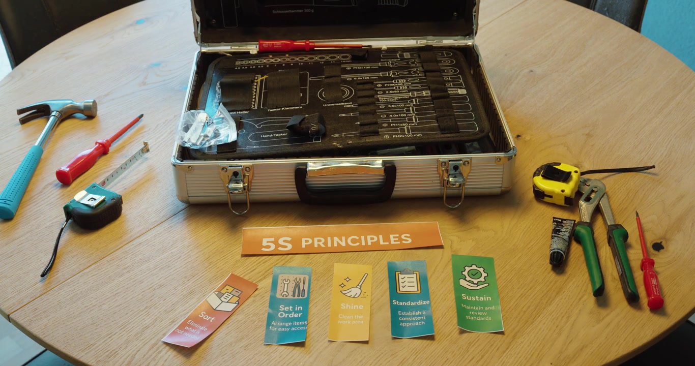 Hand holding “Sort” 5S card while organizing tools, representing removal of unnecessary items and workplace efficiency.