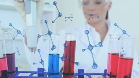 animación de moléculas sobre una científica caucásica con tubos de ensayo de laboratorio