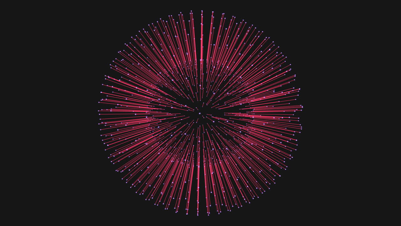 Sfera di particelle astratta futuristica composta da linee radiali e punti luminosi, che ruota su uno sfondo scuro. Rete digitale, visualizzazione dati, animazione di concetto tecnologico.