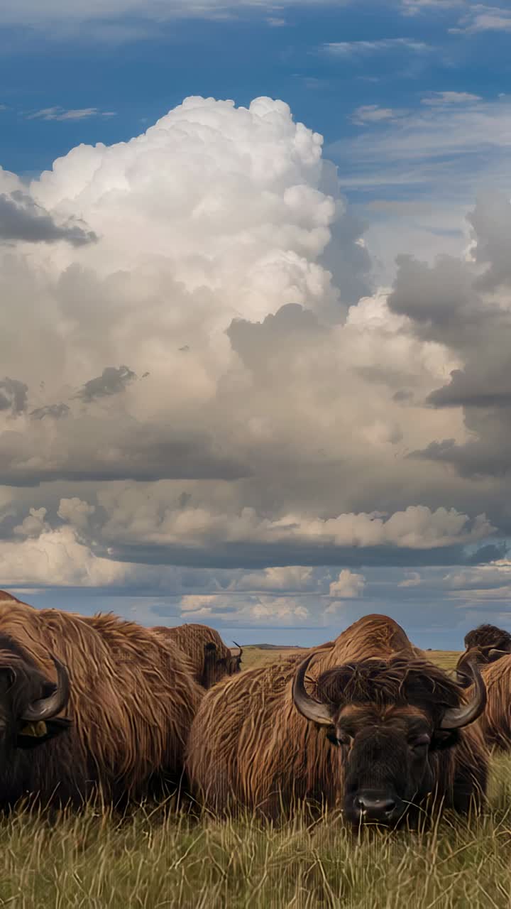 Vertical video: Camera tightening muskoxen herd grazing on grass plain, revealing towering cumulus