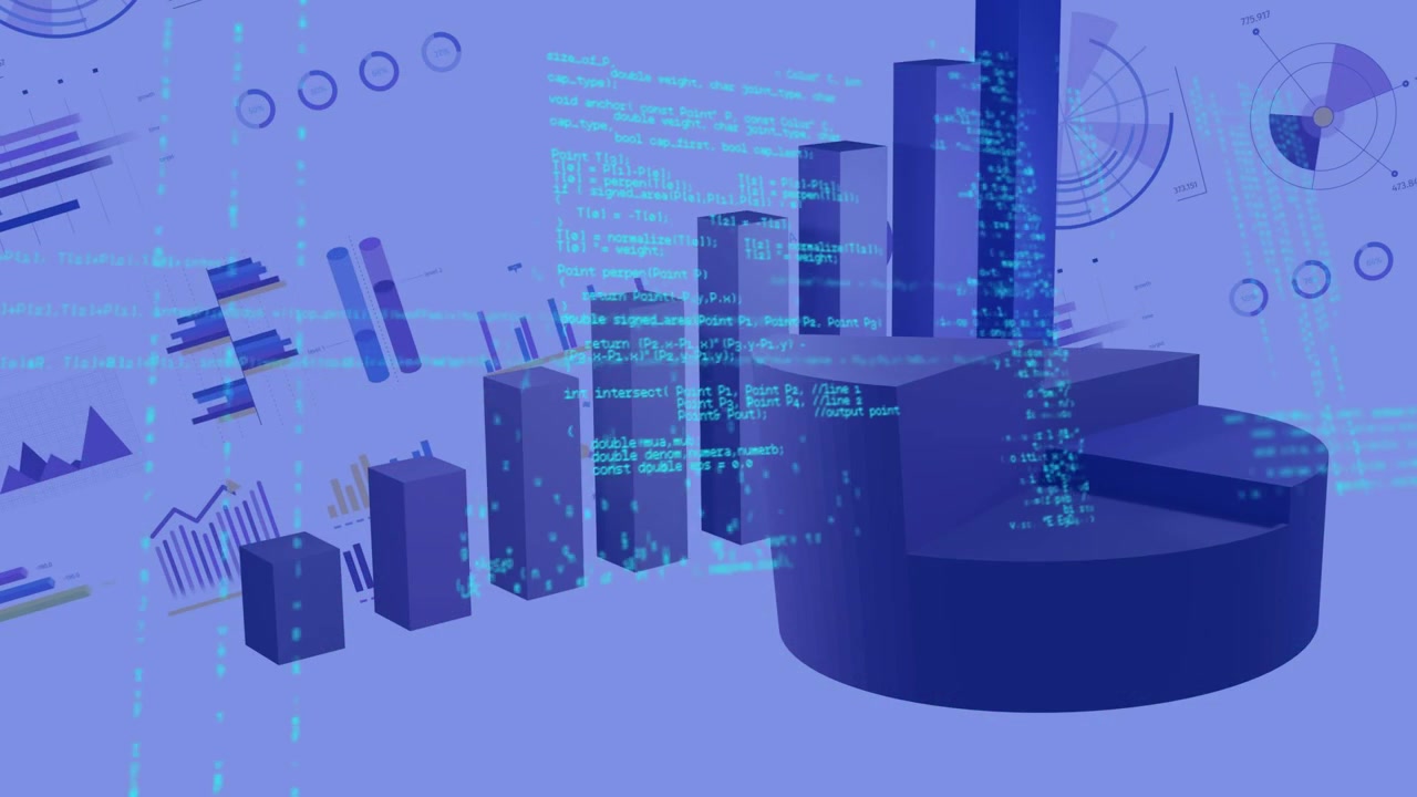 Camera pushing, data cluster animating; pie showing wedge, bars rising, code flowing to show growth