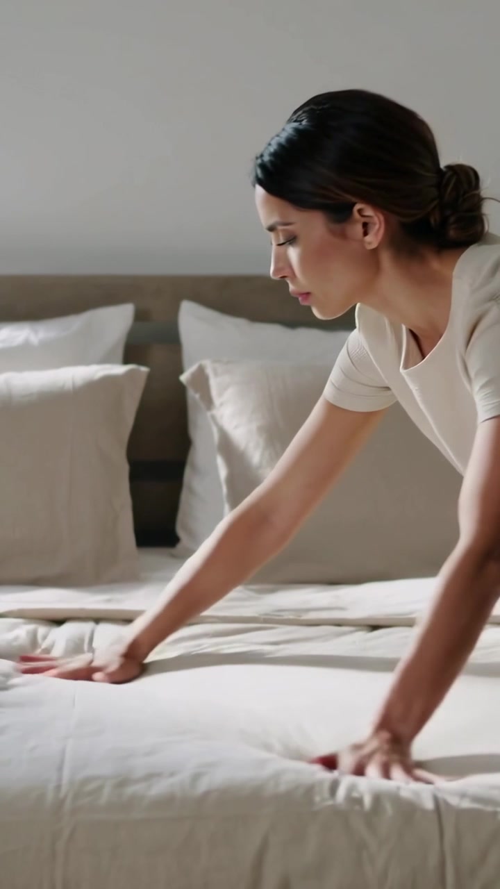 Video vertical: Mujer alisando el edredón sobre la cama con las palmas de las manos para quitar arrugas, con espacio para texto.