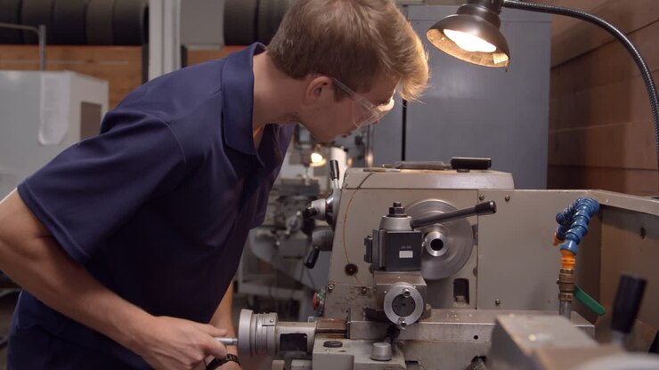 Male Apprentice In Factory Using Lathe Shot In Slow Motion