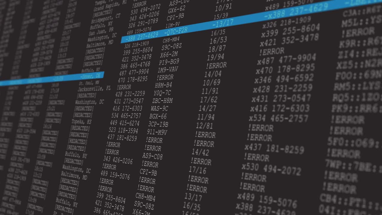 Animation of data processing on grey and blue computer screen