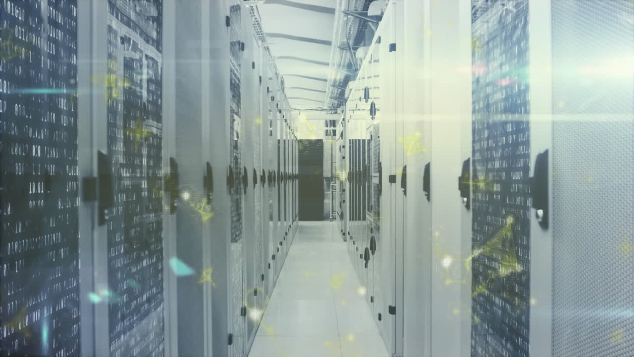 In un data center, particelle digitali luminose che fluttuano sopra i rack di server in un corridoio