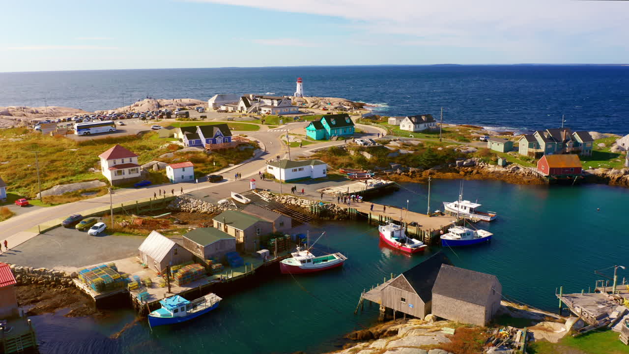 Aerial drone shot over Peggy's Cove in Oak island, Nova Scotia, Canada.
High view of the coastline and the lighthouse.